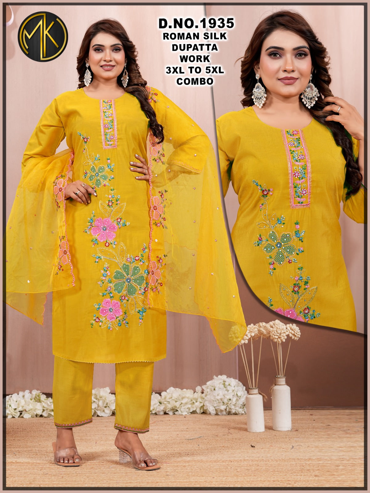 Roman Silk Floral Embroidery Kurta Set with Scalloped Dupatta 3pc