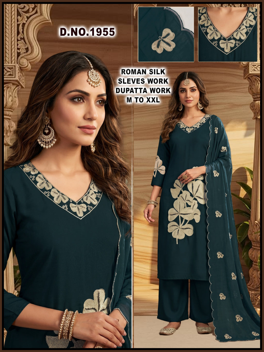 Roman Silk computer Floral Embroidery Kurta Set with Dupatta 3pc