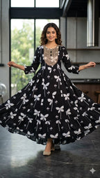 Elegant Black Rayon Flared Single Frock with Embroidered Yoke
