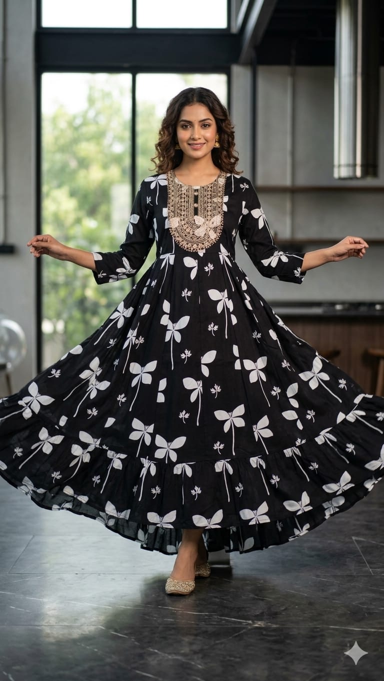 Elegant Black Rayon Flared Single Frock with Embroidered Yoke