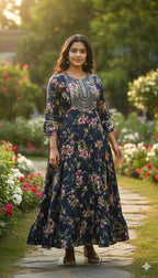 Elegant Black Rayon Flared Single Frock with Embroidered Yoke