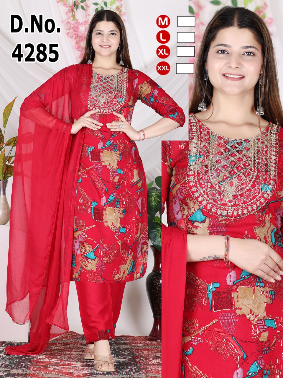 Festive Red Abstract Print Heavy Rayon Kurti Pant with Dupatta 3pc Set
