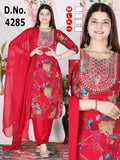 Festive Red Abstract Print Heavy Rayon Kurti Pant with Dupatta 3pc Set