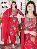 Festive Red Abstract Print Heavy Rayon Kurti Pant with Dupatta 3pc Set