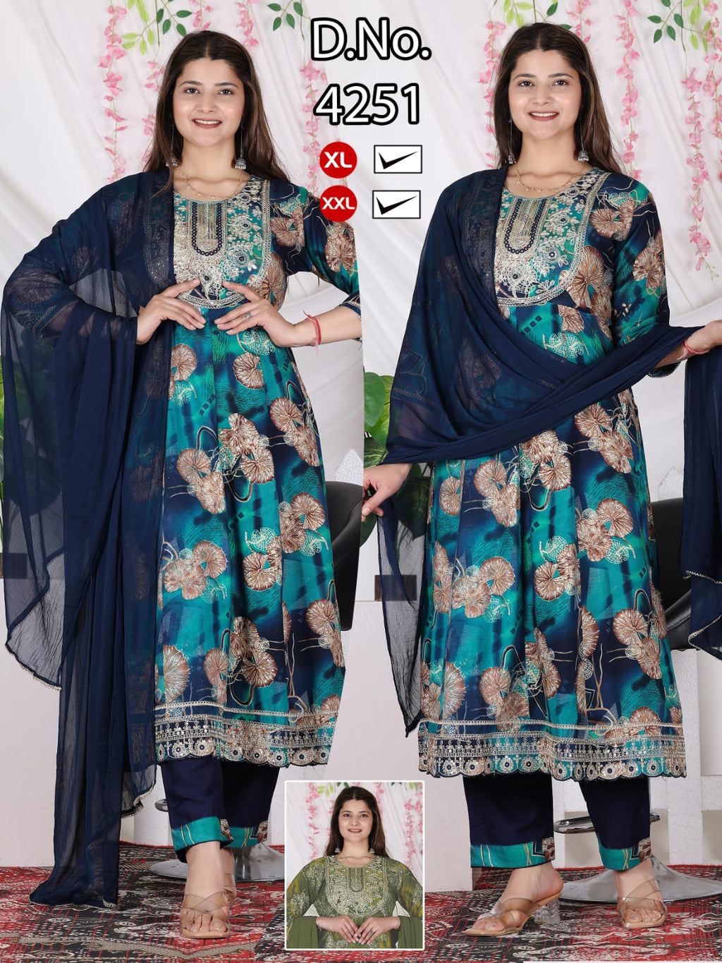 Heavy Rayon Flared Ghera Kurti Pant with Dupatta 3pc Set with Cut-Work Lace Finish