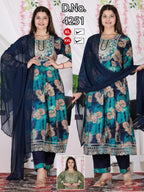 Heavy Rayon Flared Ghera Kurti Pant with Dupatta 3pc Set with Cut-Work Lace Finish