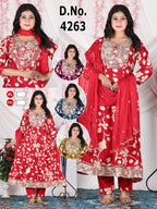 Heavy Rayon Flared Ghera Kurti Pant with Dupatta 3pc Set with Cut-Work Lace Finish