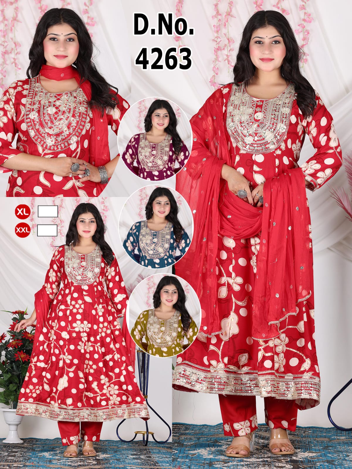 Heavy Rayon Flared Ghera Kurti Pant with Dupatta 3pc Set with Cut-Work Lace Finish