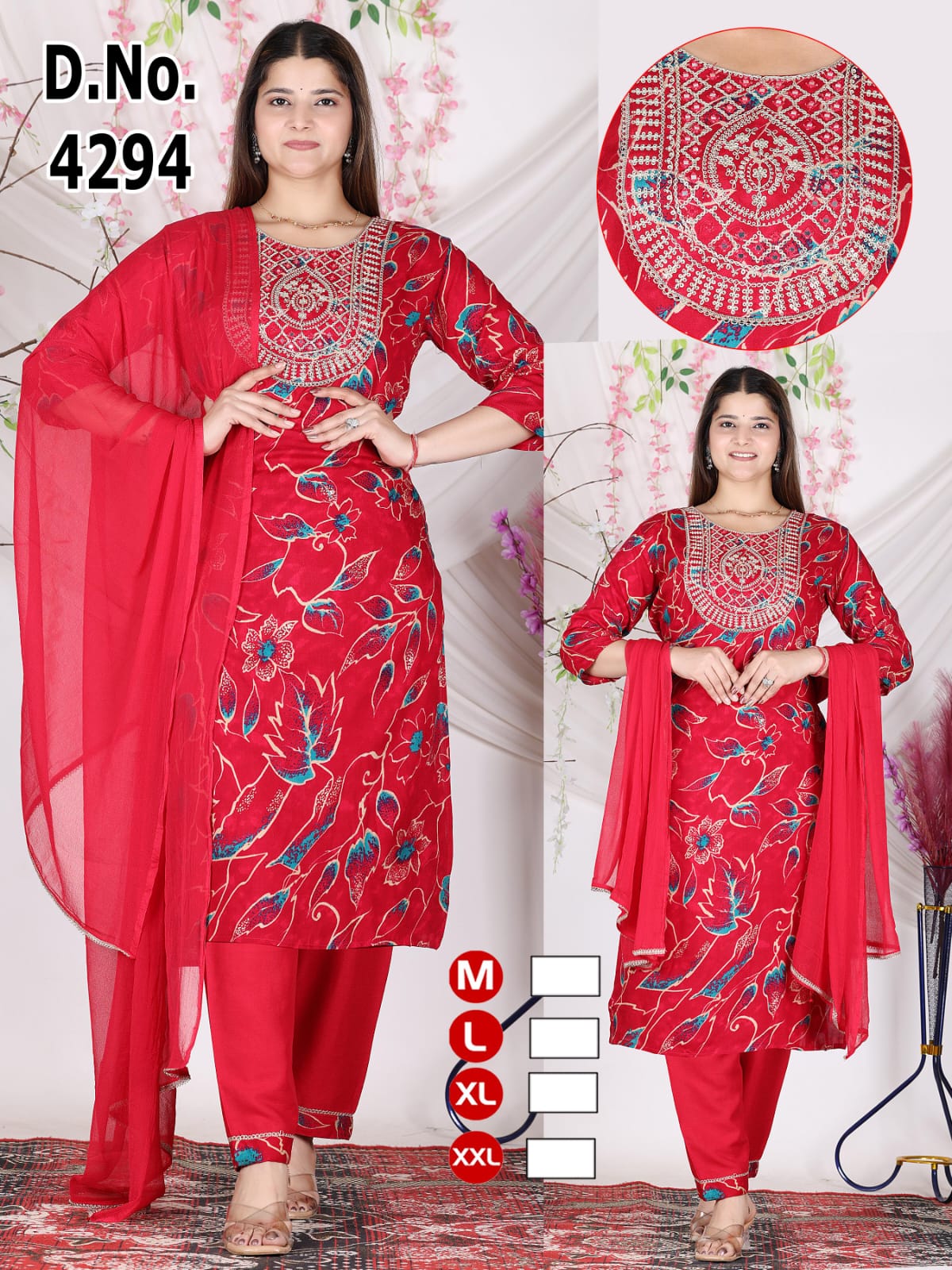 Festive Red Abstract Print Heavy Rayon Kurti Pant with Dupatta 3pc Set