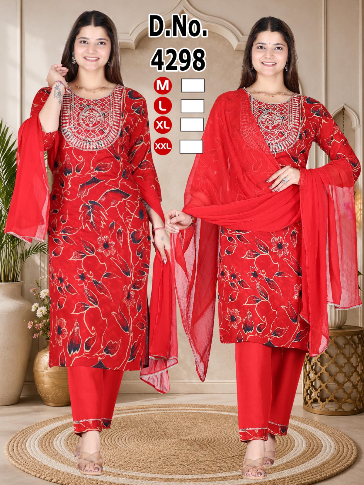 Festive Red Abstract Print Heavy Rayon Kurti Pant with Dupatta 3pc Set