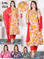 Festive Red Floral Print Heavy Rayon Kurti Pant with Dupatta 3pc Set