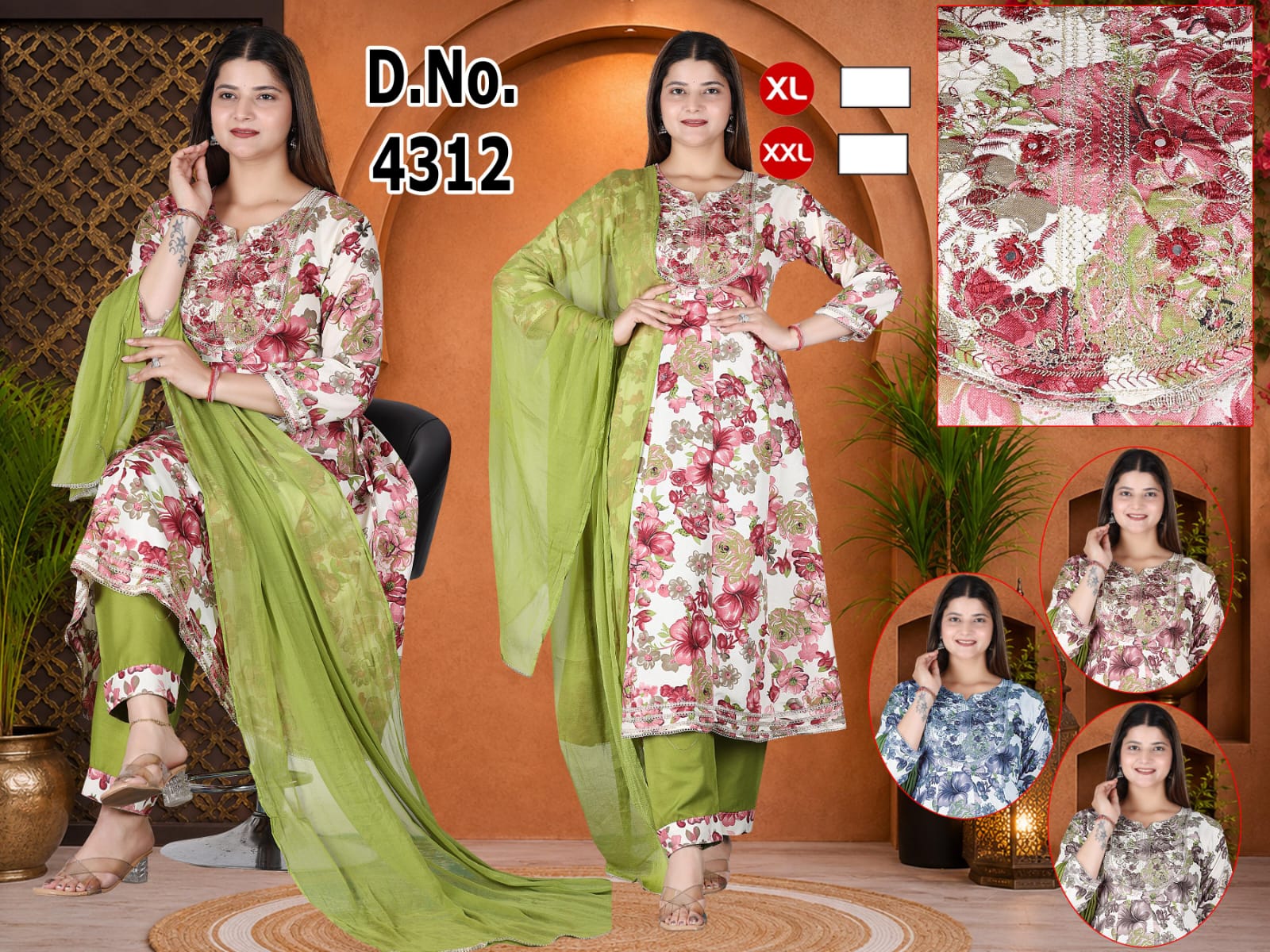 Festive Red Floral Print Heavy Rayon Kurti Pant with Dupatta 3pc Set