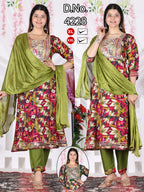 Festive Red Floral Print Heavy Rayon Kurti Pant with Dupatta 3pc Set