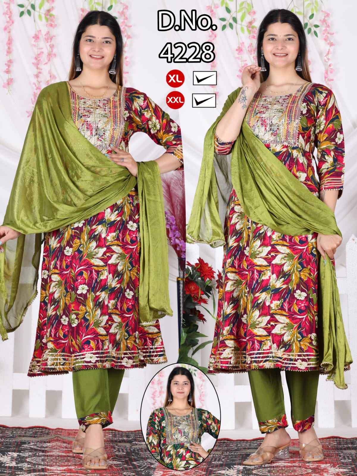 Festive Red Floral Print Heavy Rayon Kurti Pant with Dupatta 3pc Set