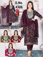 Festive Red Floral Print Heavy Rayon Kurti Pant with Dupatta 3pc Set