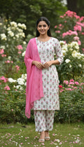 Graceful Floral Print Rayon Kurti Pant with Chunni 3pc Set