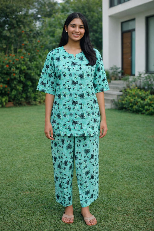 Casual Mint Green Floral Rayon co-ord Top and Pant Set