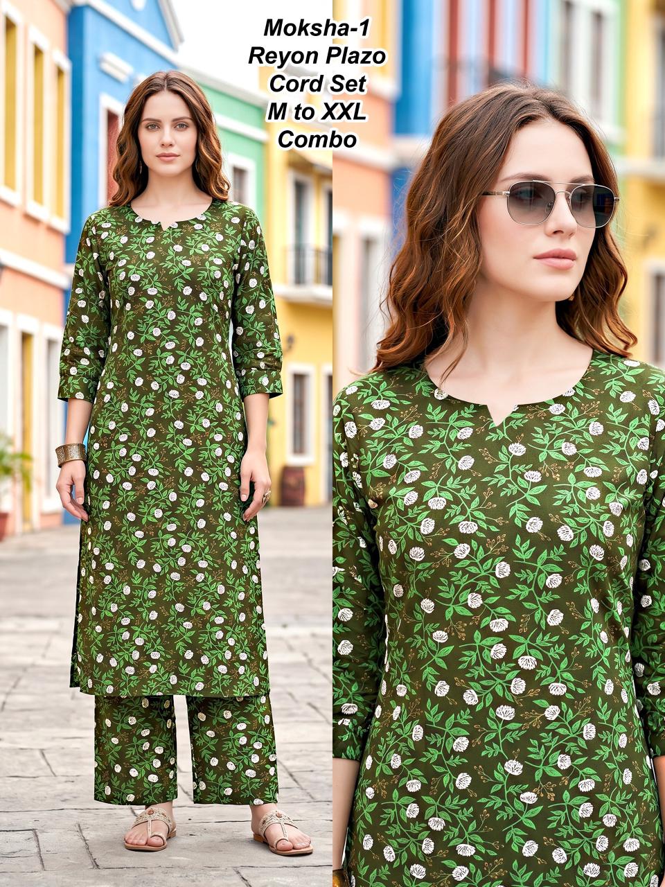 Moksha-6 Premium 17kg Rayon Floral Print Kurti & Palazzo Cord Set Combo (M to XXL)