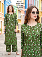 Moksha-6 Premium 17kg Rayon Floral Print Kurti & Palazzo Cord Set Combo (M to XXL)