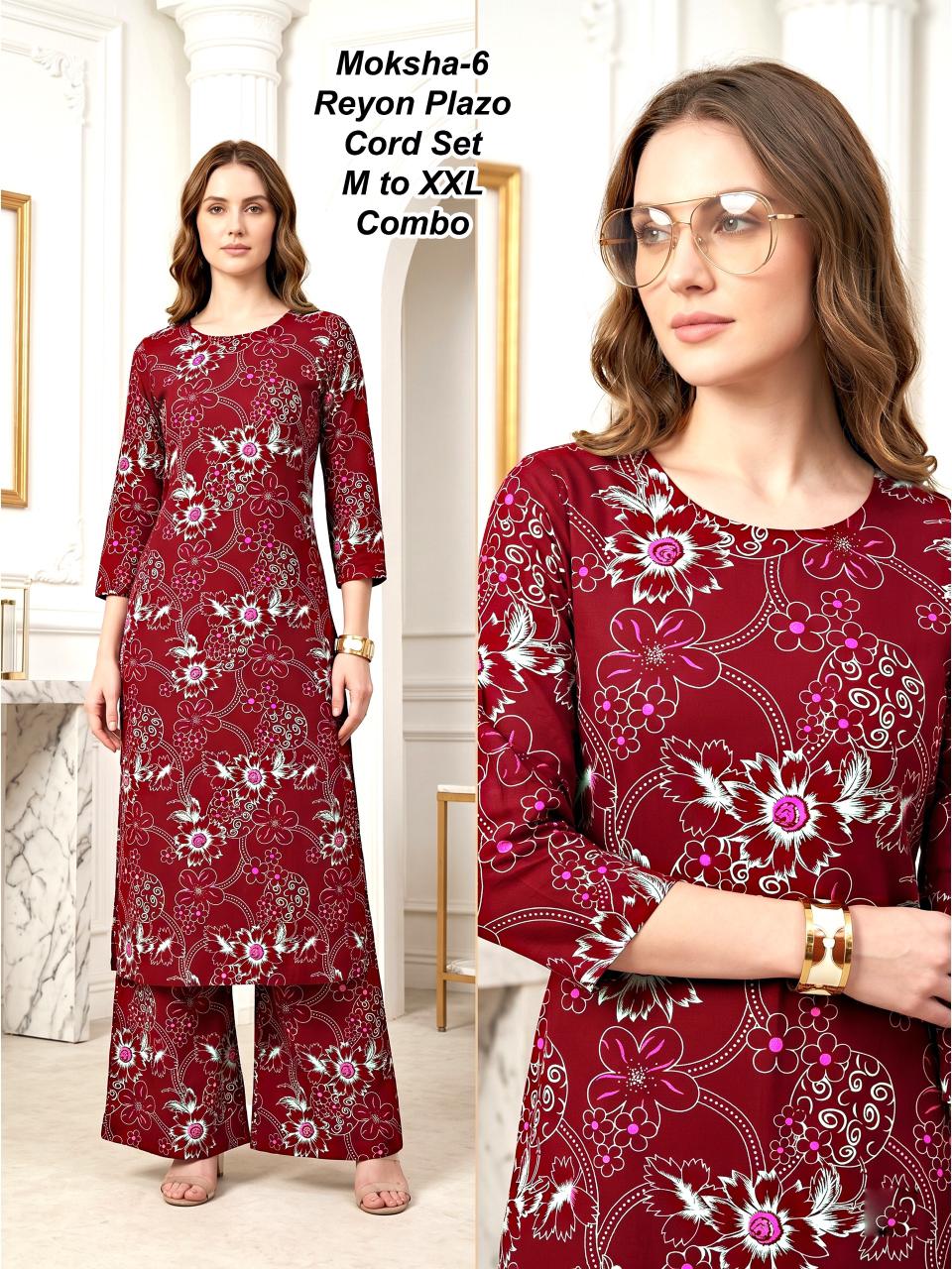 Moksha-6 Premium 17kg Rayon Floral Print Kurti & Palazzo Cord Set Combo (M to XXL)