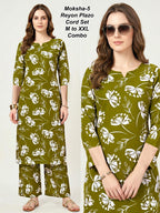 Moksha-6 Premium 17kg Rayon Floral Print Kurti & Palazzo Cord Set Combo (M to XXL)