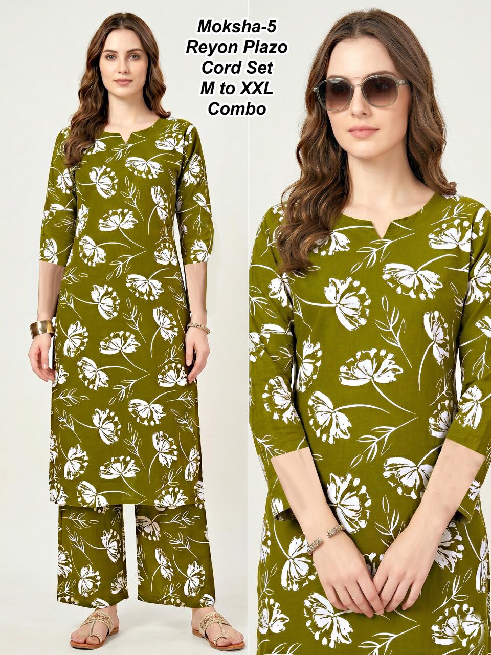 Moksha-6 Premium 17kg Rayon Floral Print Kurti & Palazzo Cord Set Combo (M to XXL)