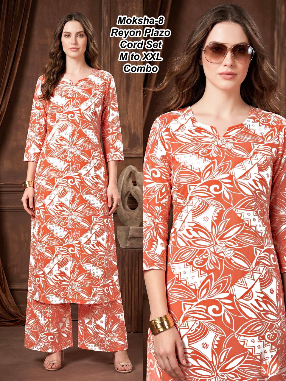 Moksha-6 Premium 17kg Rayon Floral Print Kurti & Palazzo Cord Set Combo (M to XXL)