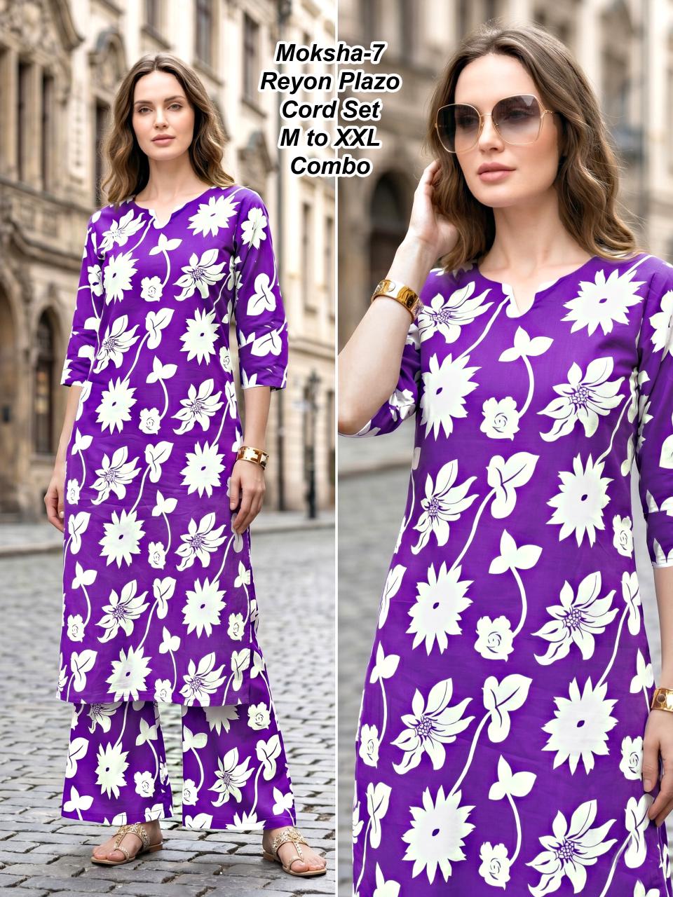 Moksha-6 Premium 17kg Rayon Floral Print Kurti & Palazzo Cord Set Combo (M to XXL)