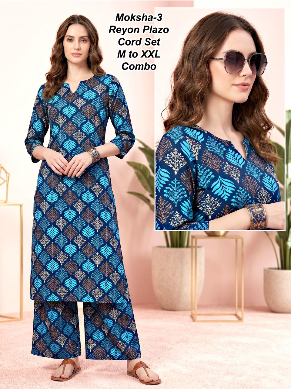 Moksha-6 Premium 17kg Rayon Floral Print Kurti & Palazzo Cord Set Combo (M to XXL)