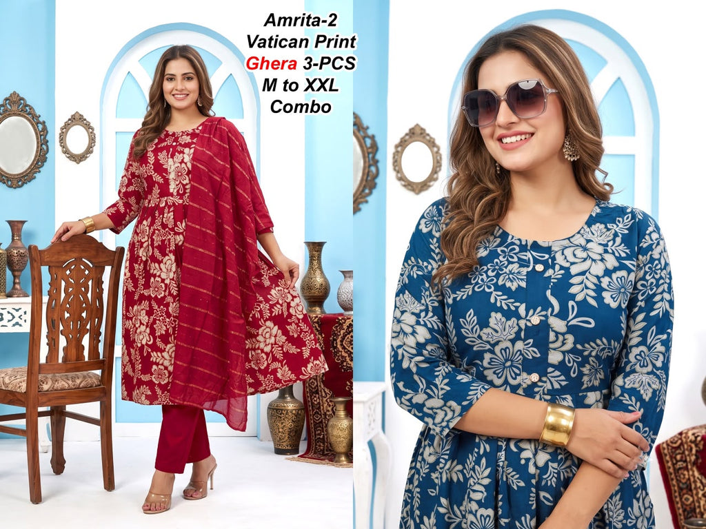Amrita-1 Premium Vatican Discharge Print Ghera 3-PCS Kurti Set Combo
