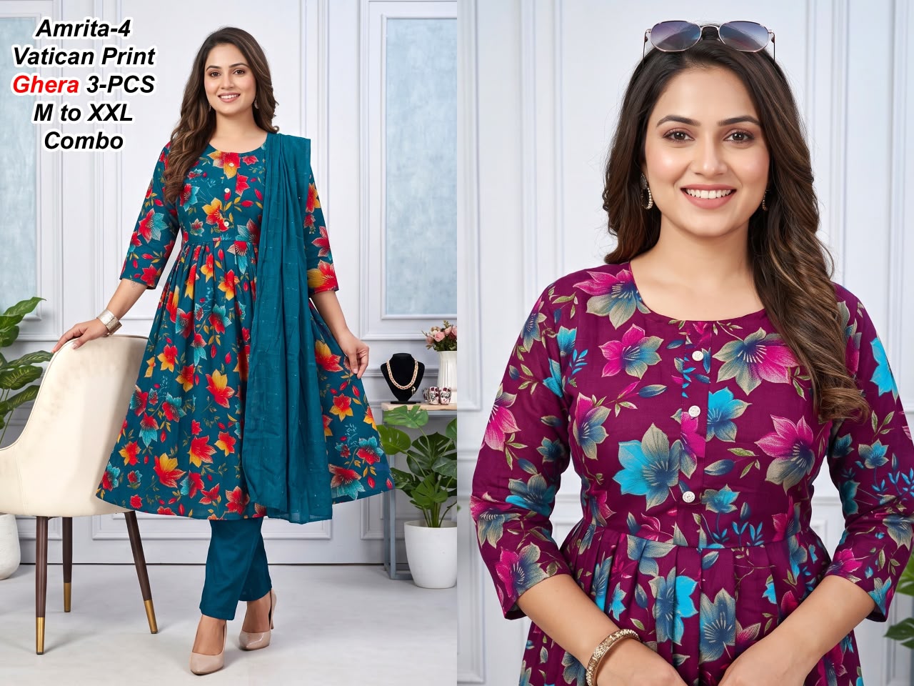 Amrita-1 Premium Vatican Discharge Print Ghera 3-PCS Kurti Set Combo