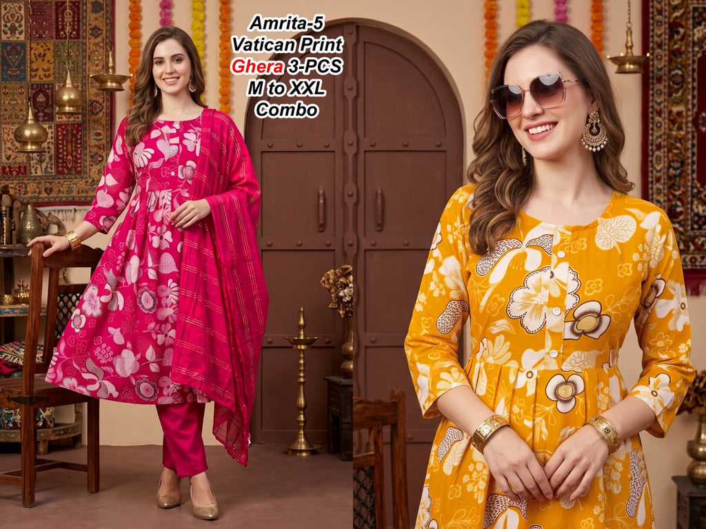 Amrita-1 Premium Vatican Discharge Print Ghera 3-PCS Kurti Set Combo
