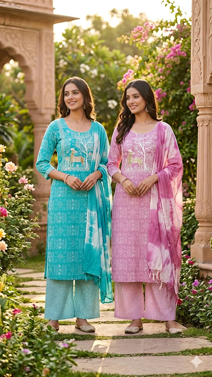 Premium Modal Cotton Printed Kurti, Palazzo & Dupatta 3pc  Set Combo