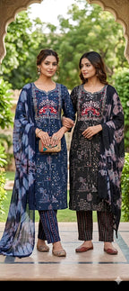 PLUS Premium Modal Cotton Bandhani & Floral Print V-Neck 3pc Kurti Set Combo
