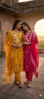PLUS Premium Modal Cotton Bandhani & Floral Print V-Neck 3pc Kurti Set Combo