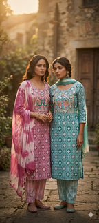 PLUS Premium Modal Cotton Bandhani & Floral Print V-Neck 3pc Kurti Set Combo