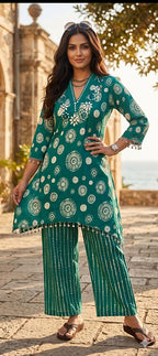 Premium Heavy Rayon Geometric Print Mirror Work Fishcut 2-PCS Kurti Set Combo