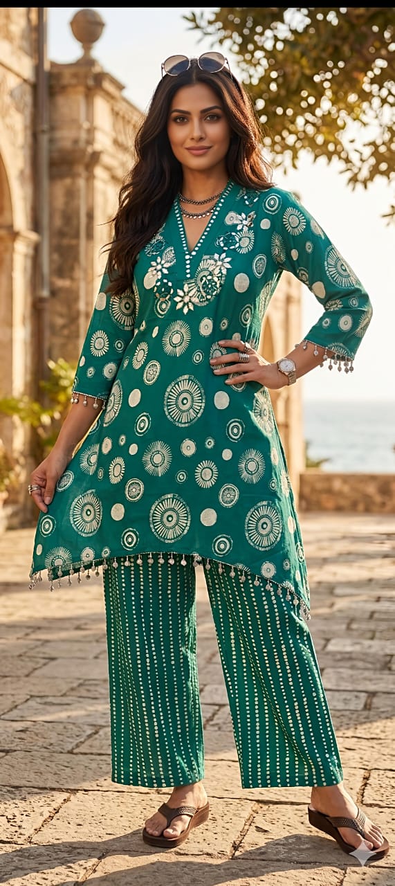 Premium Heavy Rayon Geometric Print Mirror Work Fishcut 2-PCS Kurti Set Combo