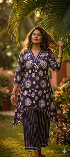 Premium Heavy Rayon Geometric Print Mirror Work Fishcut 2-PCS Kurti Set Combo