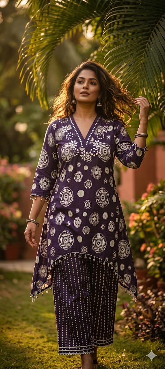 Premium Heavy Rayon Geometric Print Mirror Work Fishcut 2-PCS Kurti Set Combo