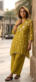 Premium Heavy Rayon Geometric Print Mirror Work Fishcut 2-PCS Kurti Set Combo