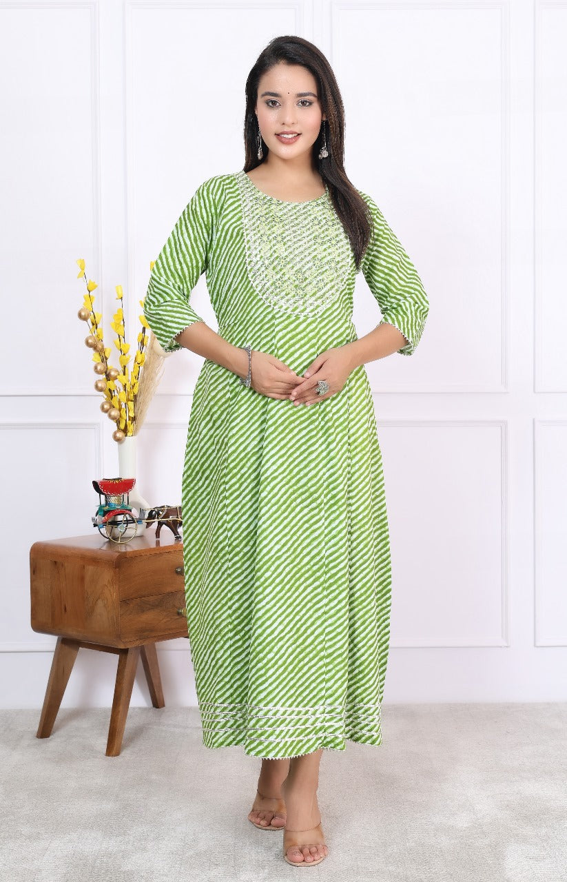 Premium Cotton 60-60 Leheriya Print Flared Anarkali Gown Kurti Combo