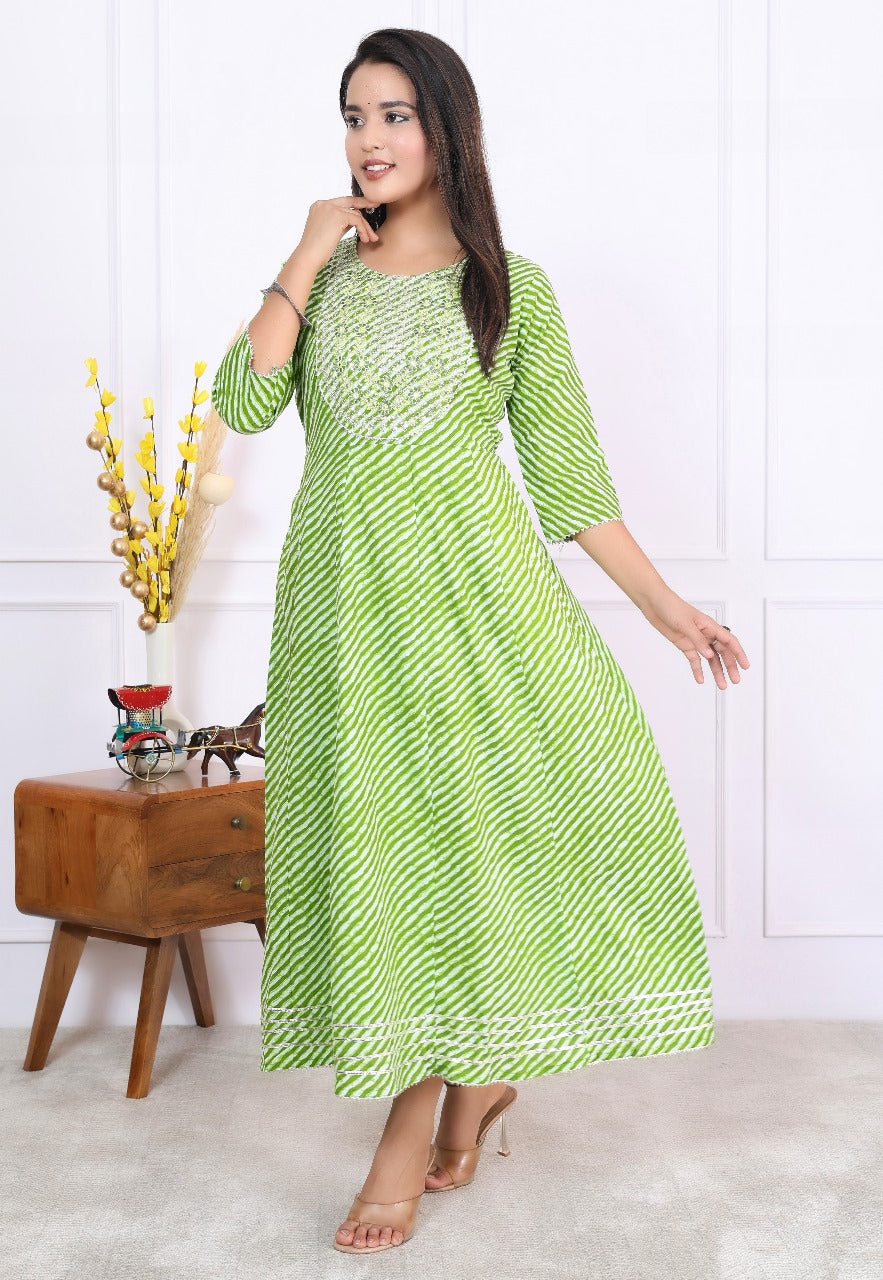 Premium Cotton 60-60 Leheriya Print Flared Anarkali Gown Kurti Combo