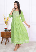 Premium Cotton 60-60 Leheriya Print Flared Anarkali Gown Kurti Combo