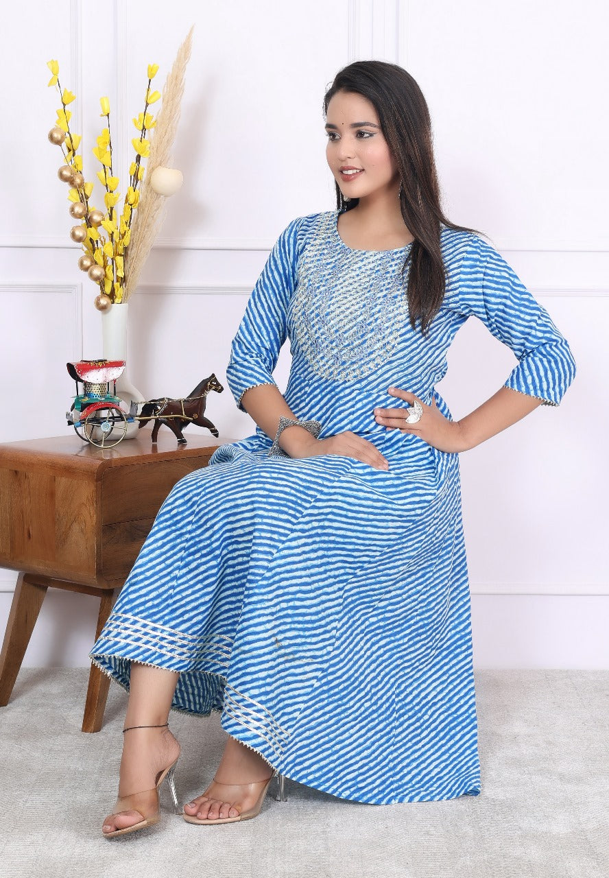 Premium Cotton 60-60 Leheriya Print Flared Anarkali Gown Kurti Combo