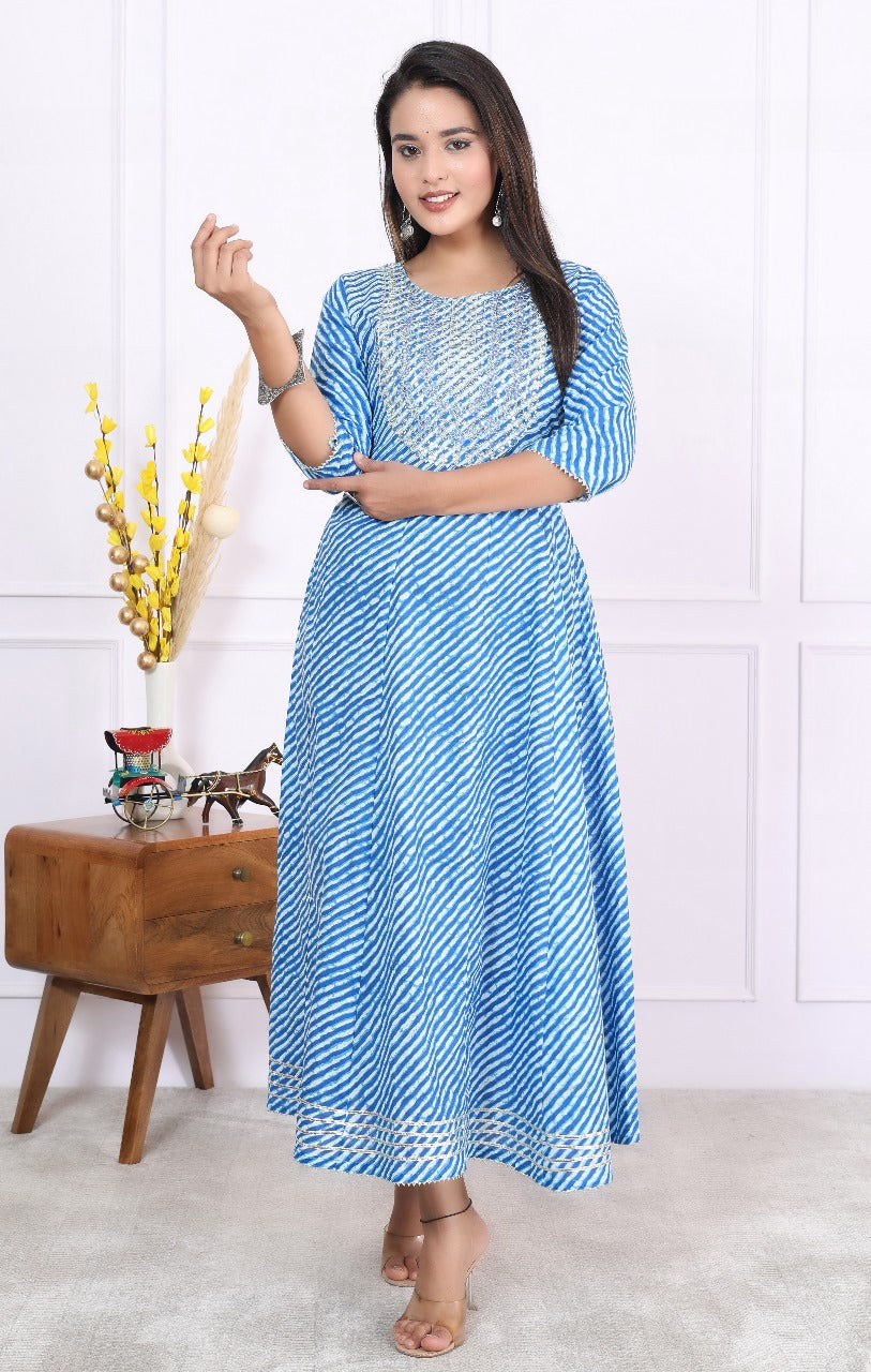 Premium Cotton 60-60 Leheriya Print Flared Anarkali Gown Kurti Combo