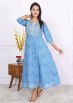 Premium Cotton 60-60 Leheriya Print Flared Anarkali Gown Kurti Combo