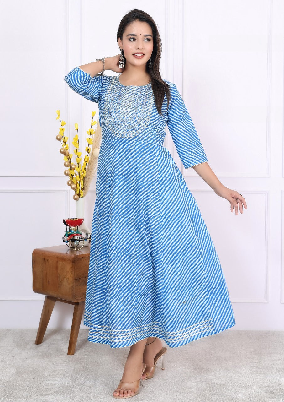 Premium Cotton 60-60 Leheriya Print Flared Anarkali Gown Kurti Combo