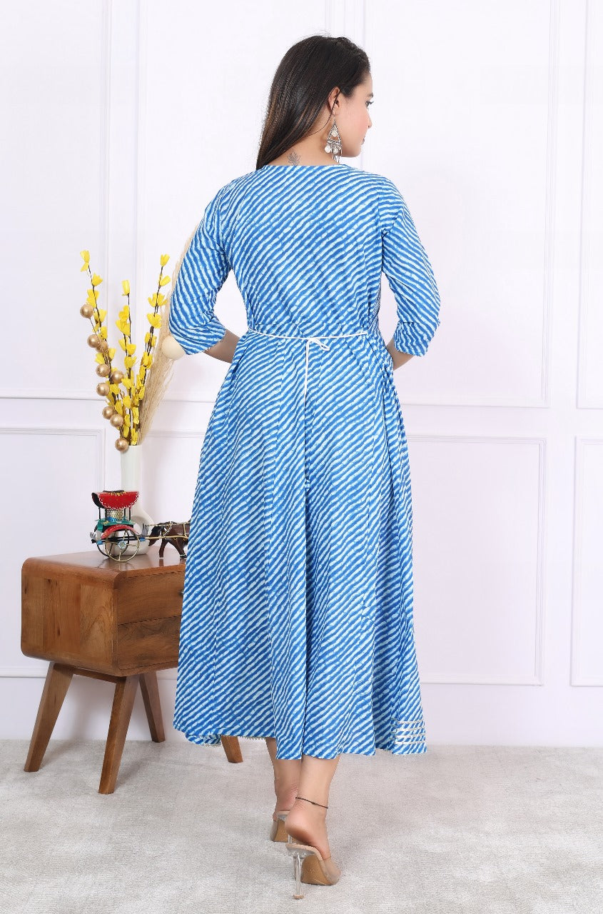 Premium Cotton 60-60 Leheriya Print Flared Anarkali Gown Kurti Combo