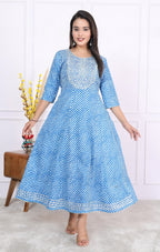 Premium Cotton 60-60 Leheriya Print Flared Anarkali Gown Kurti Combo